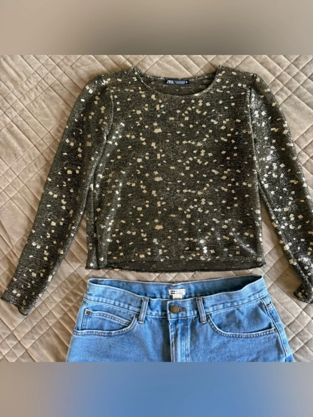 Billabong Denim Shorts 28 + Zara Gold Metallic Top Outfit Bundle Boho Festival